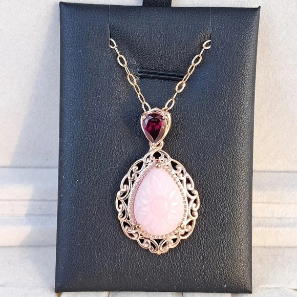 Hand Carved Natural Pink Opal & Orissa Rhodolite Garnet Necklace - Picture 1 of 12